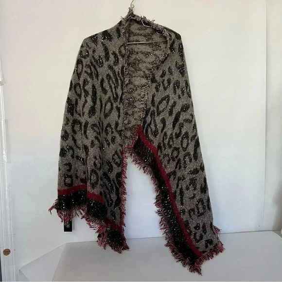 INC International Concepts Leopard Print Sequin Wrap Scarf Oat Black Red - Picture 2 of 10